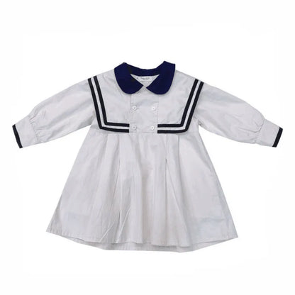 Spring Summer Girls' Dress British Style Navy Collar Little Cute Long-Sleeved Student School Dress Baby Kids Children'S Clothing