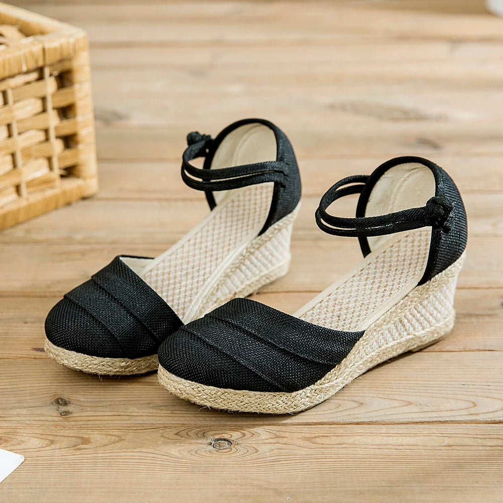 Veowalk Patchwork Handmade Women Plain Linen Sandals Wedge Espadrilles 6cm Platforms Bohemian Shoes Women Ladies Summer Pumps