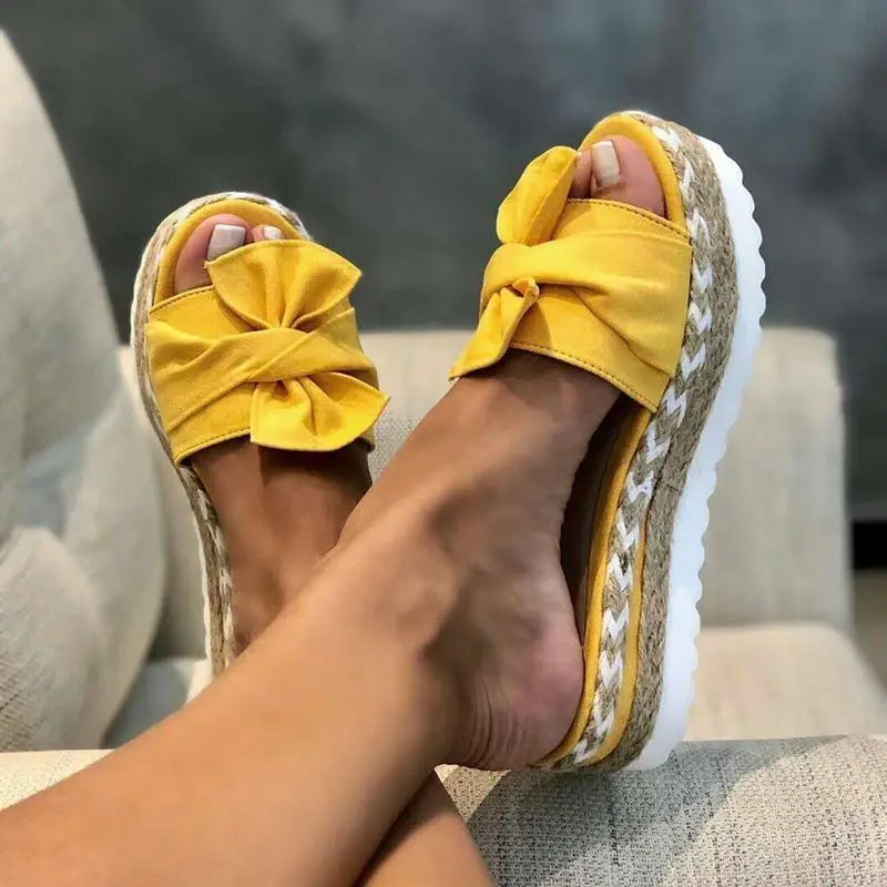 Women Slippers Summer 2023 Platform Wedges Mid Heels Bow Tie Peep Toe Fashion Slides Beach Outdoor Ladies Shoes Zapatos De Mujer