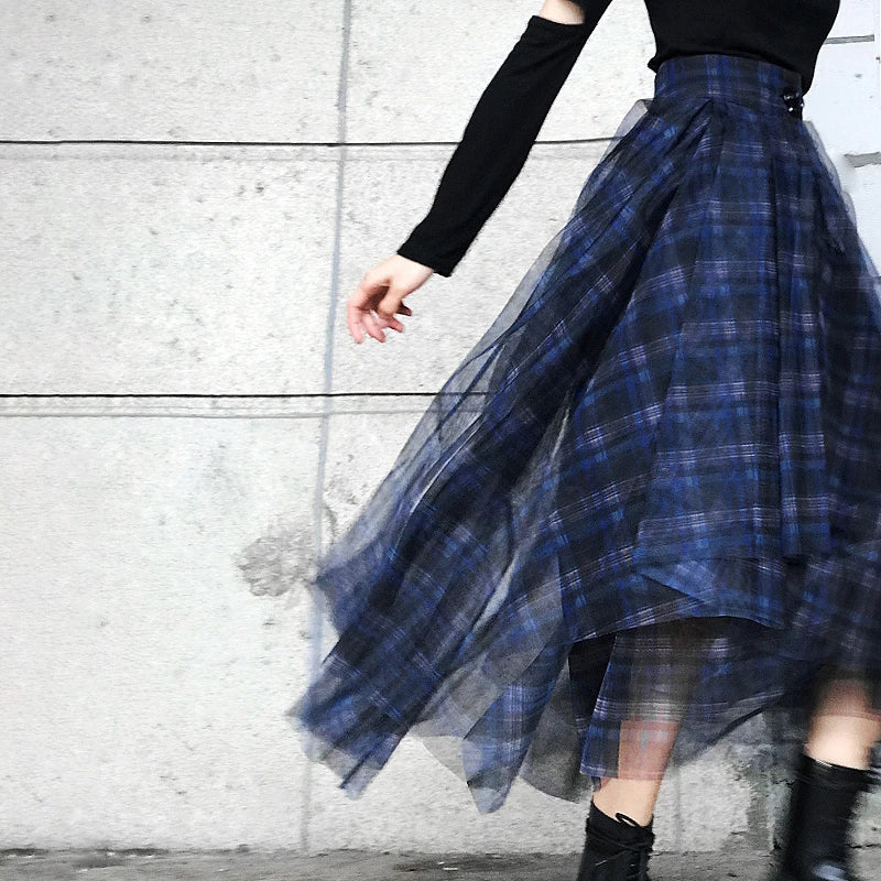 TWOTWINSTYLE Plaid Patchwork Mesh Women's Skirts High Waist Hit Color Elegant A Line Skirts Female 2020 Spring Fashion New