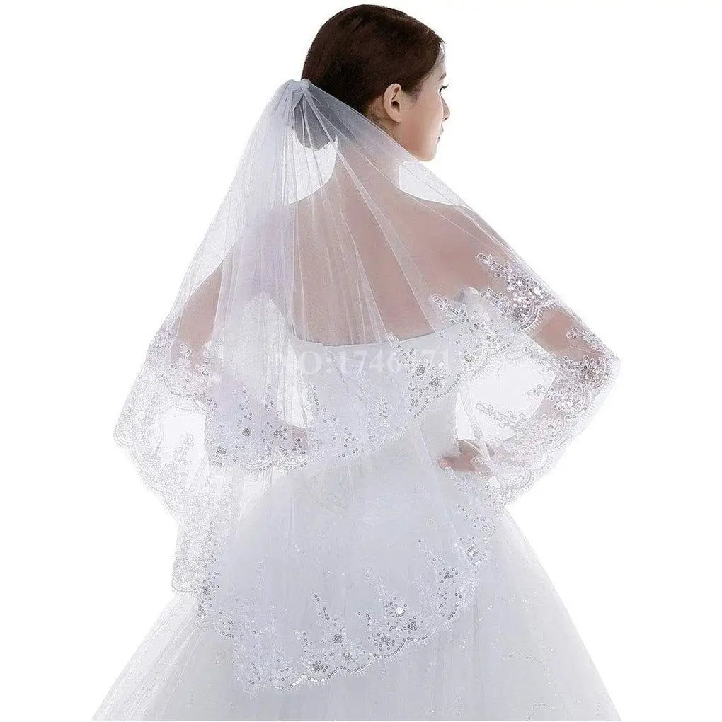 Wedding Sequins Edge for Brides 2 Tier Hip Fingertip Length Sparkle Soft Tulle Bridal Lace Veils Hair Accessories