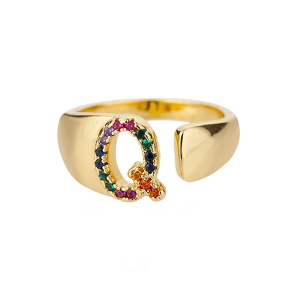 Rainbow Zircon Letter Rings For Women Fashion Chunky Wide Letter A-Z Stainless Steel Ring Wedding Boho Jewelry free shipping