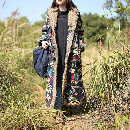 Women's Ethnic Style Winter Coat with Fur Collar - Long Vintage Cotton Jacket, Cotton Linen Windbreaker, Dust Coat (f1859)
