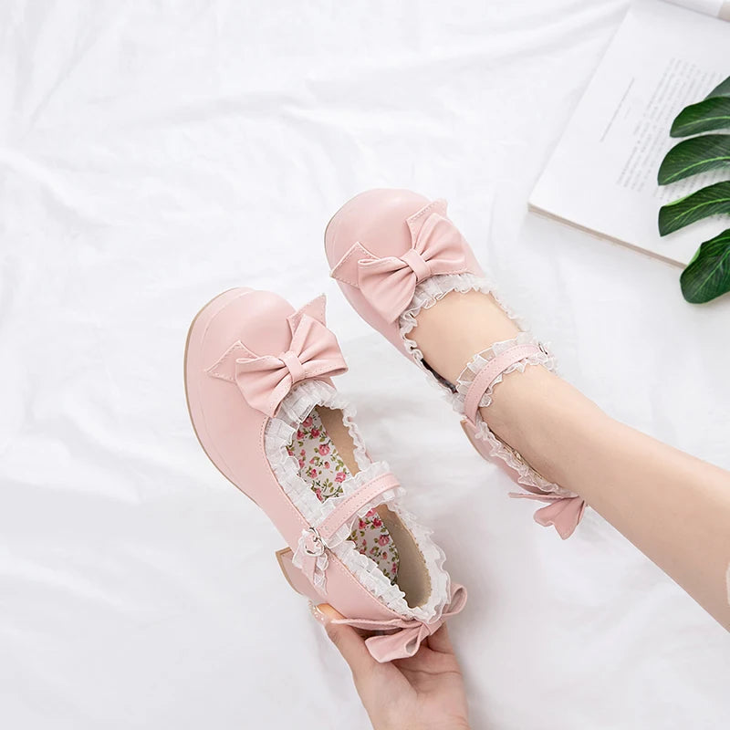 Bow & Ruffle Mary Jane Block-Heel Shoes
