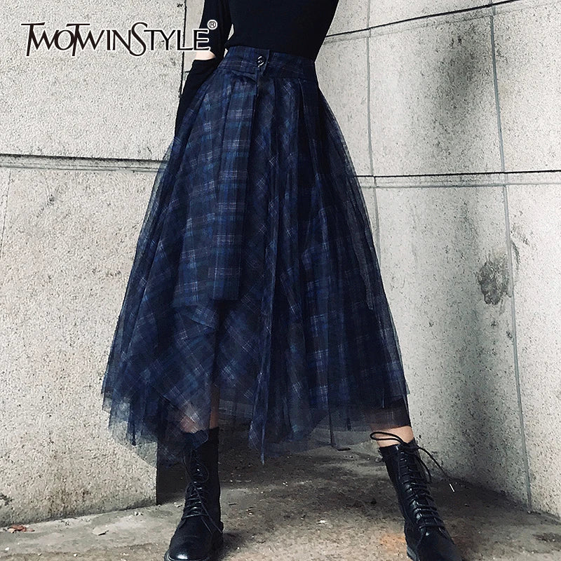 TWOTWINSTYLE Plaid Patchwork Mesh Women's Skirts High Waist Hit Color Elegant A Line Skirts Female 2020 Spring Fashion New