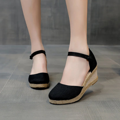 Veowalk Summer Women Linen Plain 6cm Wedge Sandals Bohemian Handmade Ladies Casual Comfortable Espadrilles Platform Pumps Shoes
