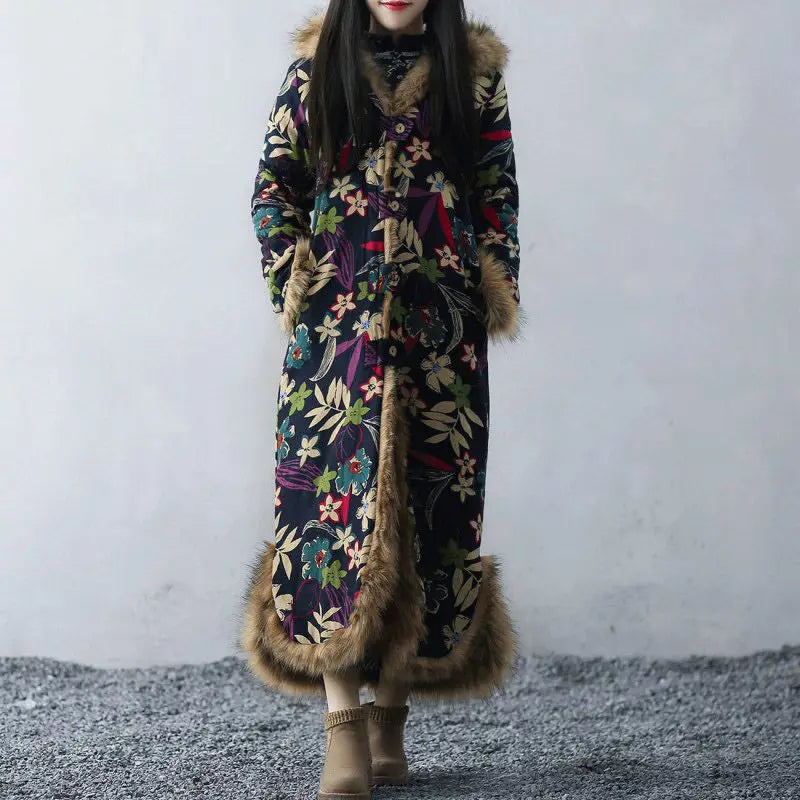 Women's Ethnic Style Winter Coat with Fur Collar - Long Vintage Cotton Jacket, Cotton Linen Windbreaker, Dust Coat (f1859)