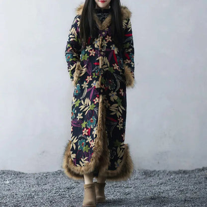 Women's Ethnic Style Winter Coat with Fur Collar - Long Vintage Cotton Jacket, Cotton Linen Windbreaker, Dust Coat (f1859)