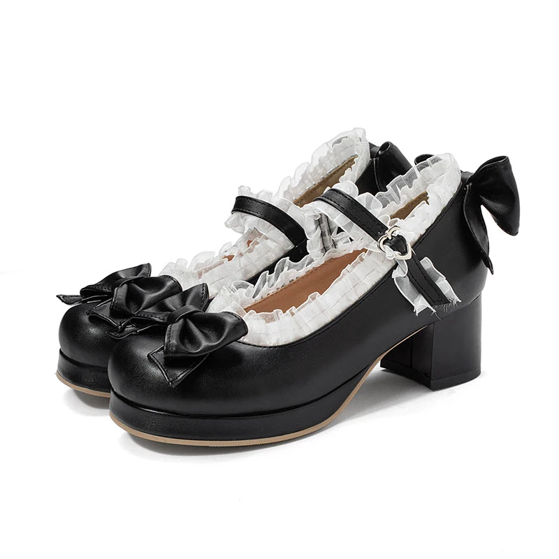 Bow & Ruffle Mary Jane Block-Heel Shoes