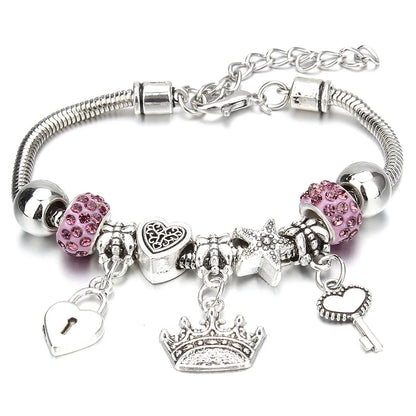 Charm Bracelet & Bangles Jewelry 6 Color Clay Zircon Ball Crown key lock Shape Beads Bracelets For Women Girl Friendship Gift