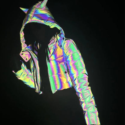Drop Shipping New 2026 Winter Rainbow Reflective Jackets Women Warm Coat Girl Crop Jacket Hooded Short Top Reflect Outerwear