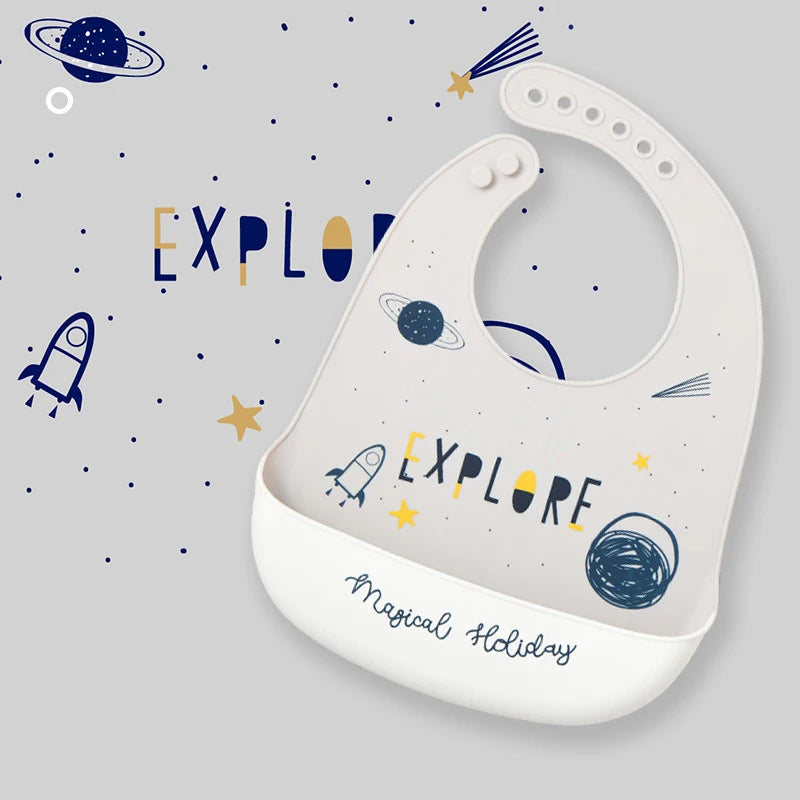 2021 Cute Baby Bibs Waterproof Silicone Bib Feeding Infant Newborn Cartoon Apron ToddlerX Adjustable Bib Burp Cloths with Pocket