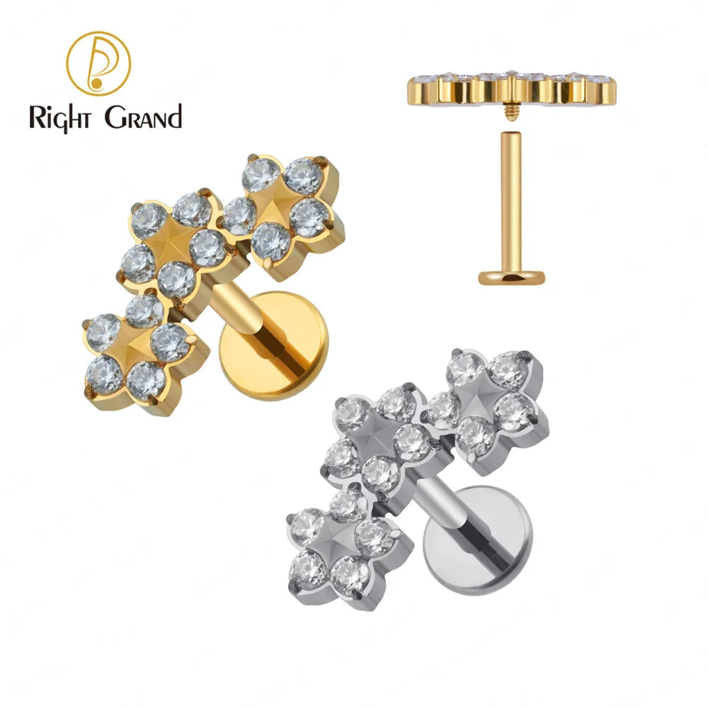 Right Grand ASTM F136 Titanium Triple CZ Flower Cluster Labret Internally Threaded Trinity Floral for Tragus Monroe Cartilage
