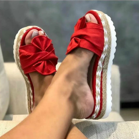 Women Slippers Summer 2023 Platform Wedges Mid Heels Bow Tie Peep Toe Fashion Slides Beach Outdoor Ladies Shoes Zapatos De Mujer
