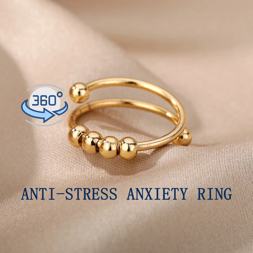 Anxiety Ring Beads Rings For Women Men Stainless Steel Ring Spinner Spiral Simulated Freely Anti Stress Fidget Ring Jewelry
