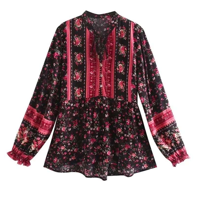 Bohemia Bandage Open Buttons V Neck Floral Print Shirt Holiday Women Contrast Color Long Sleeve Blouse Tops Beach