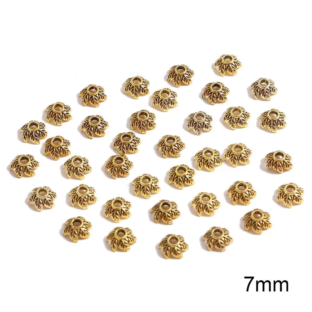 50pcs Tibetan Antique Silver Color Gold Leaf Flower Bead End Caps For Jewelry Making Needlework Spacer Bead Caps DIY Accessories
