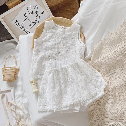 Girls Outfit Set 2026 Summer Clothing Sets Hollow Lace Suit Baby Casual Sleeveless T-shirt+Shorts Kids Clothes Sets Baby Clothes