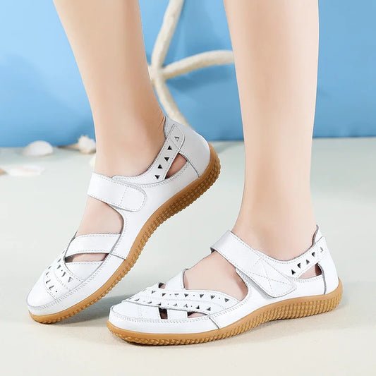 2021 New Women Sandals Leather Ladies Sandals Comfortable Flats Walking Sandals Covered Toe Beach Shoes Woman Footwear