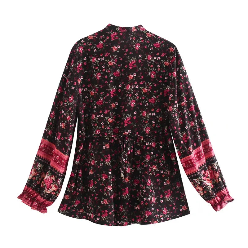 Bohemia Bandage Open Buttons V Neck Floral Print Shirt Holiday Women Contrast Color Long Sleeve Blouse Tops Beach
