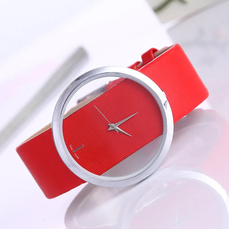 Women Leather Quartz Watch Transparent Hollow Watches Antique Stylish Men Quartz Wrist Watches