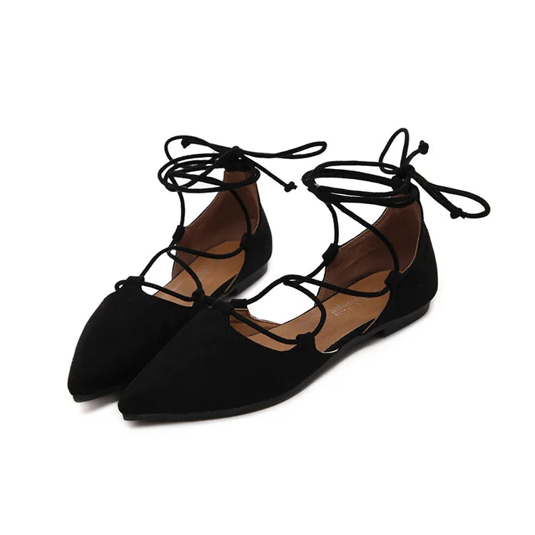 sexy cross-tied gladiator summer shoes woman pointe toe cut out flat lace up ballet flats Roman style D'orsay shoes big size 43