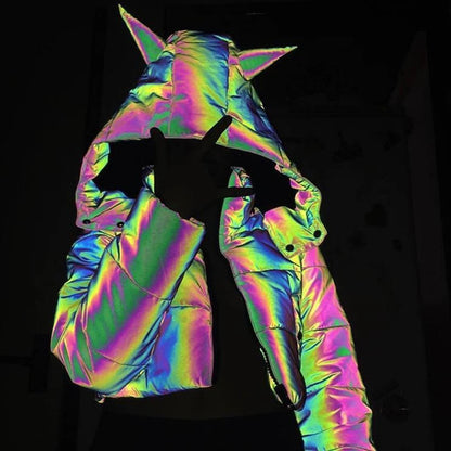 Drop Shipping New 2026 Winter Rainbow Reflective Jackets Women Warm Coat Girl Crop Jacket Hooded Short Top Reflect Outerwear