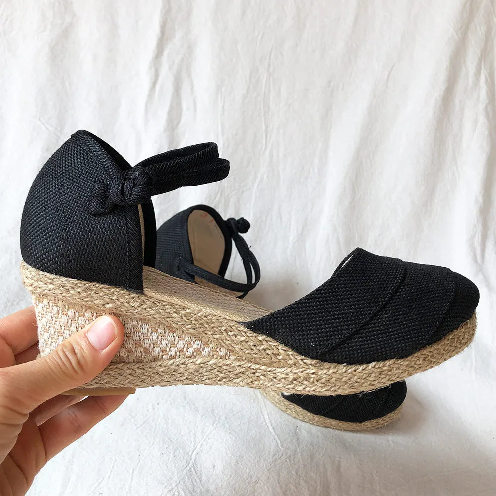 Veowalk Patchwork Handmade Women Plain Linen Sandals Wedge Espadrilles 6cm Platforms Bohemian Shoes Women Ladies Summer Pumps