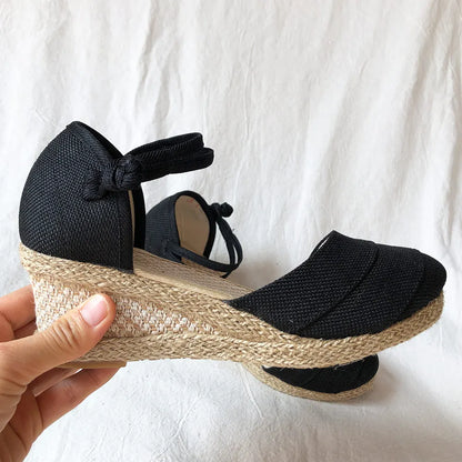 Veowalk Patchwork Handmade Women Plain Linen Sandals Wedge Espadrilles 6cm Platforms Bohemian Shoes Women Ladies Summer Pumps
