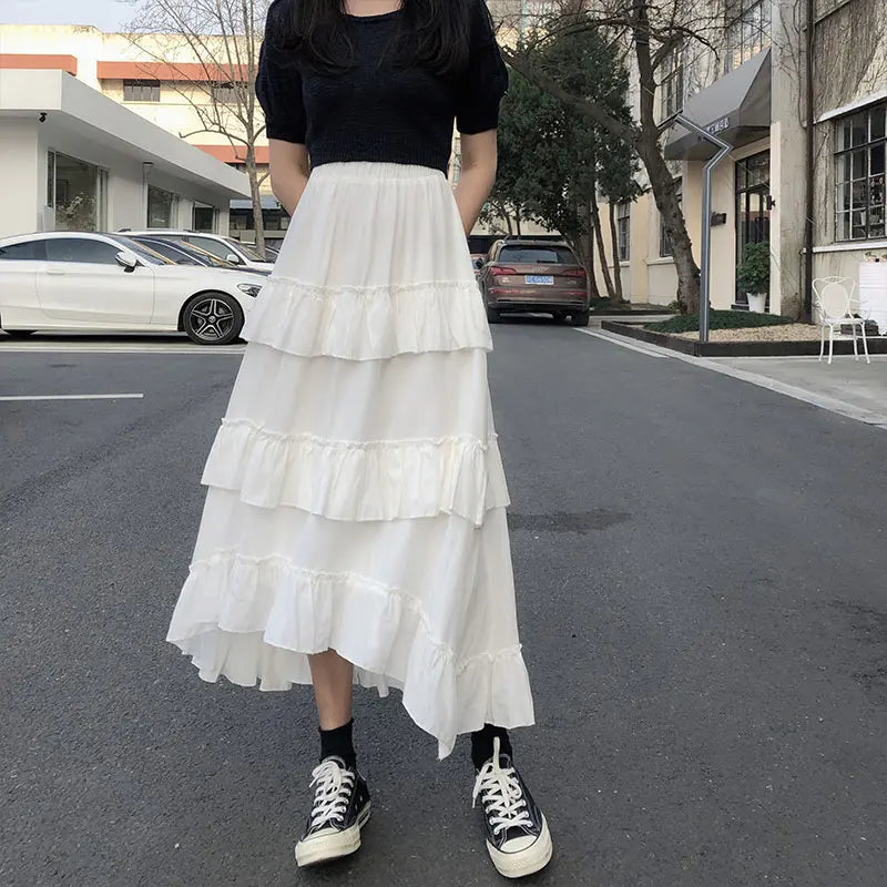 Qiukichonson Midi Long Skirts Womens Maxi Skirt Goth Lolita Summer High Waisted Asymmetrical High Low Ruched Ruffle Skirts rok