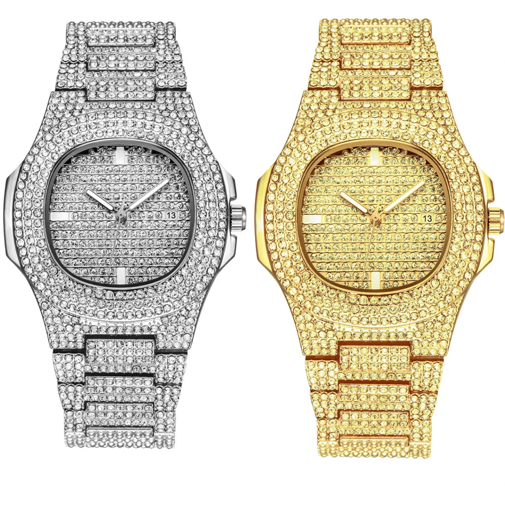 Men Luxury Iced Out Watches Bracelet Set Gold Silver Color Full Rhinestone Cuban Chain Bracelet Wristwatch Relogio Feminino