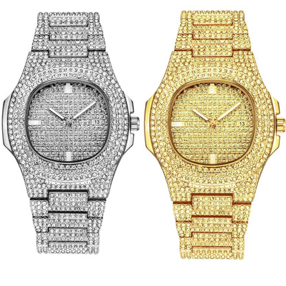 Men Luxury Iced Out Watches Bracelet Set Gold Silver Color Full Rhinestone Cuban Chain Bracelet Wristwatch Relogio Feminino