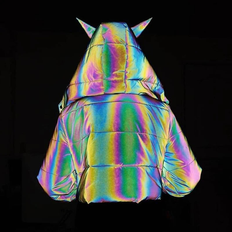 Drop Shipping New 2026 Winter Rainbow Reflective Jackets Women Warm Coat Girl Crop Jacket Hooded Short Top Reflect Outerwear