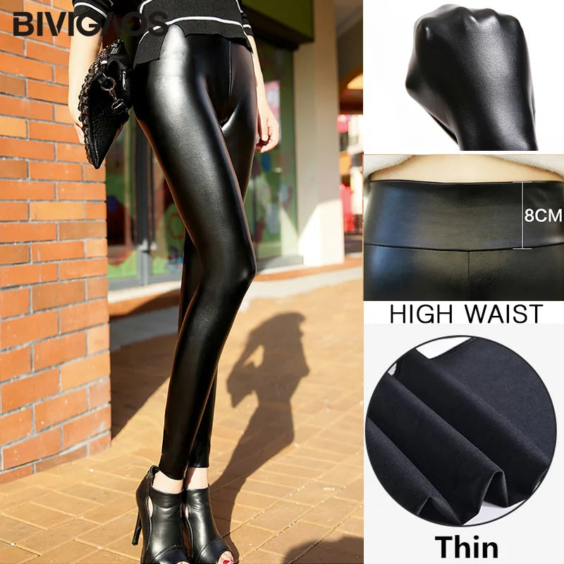 BIVIGAOS Women Autumn Black PU Leather Legging Pants Velvet Thick Warm Leggings Slim Sexy Push Up Leggings Skinny Trousers Women