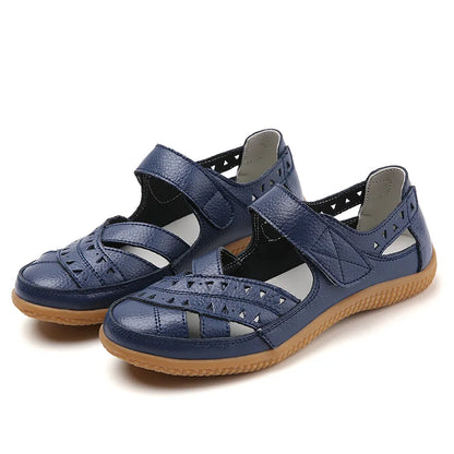 2021 New Women Sandals Leather Ladies Sandals Comfortable Flats Walking Sandals Covered Toe Beach Shoes Woman Footwear