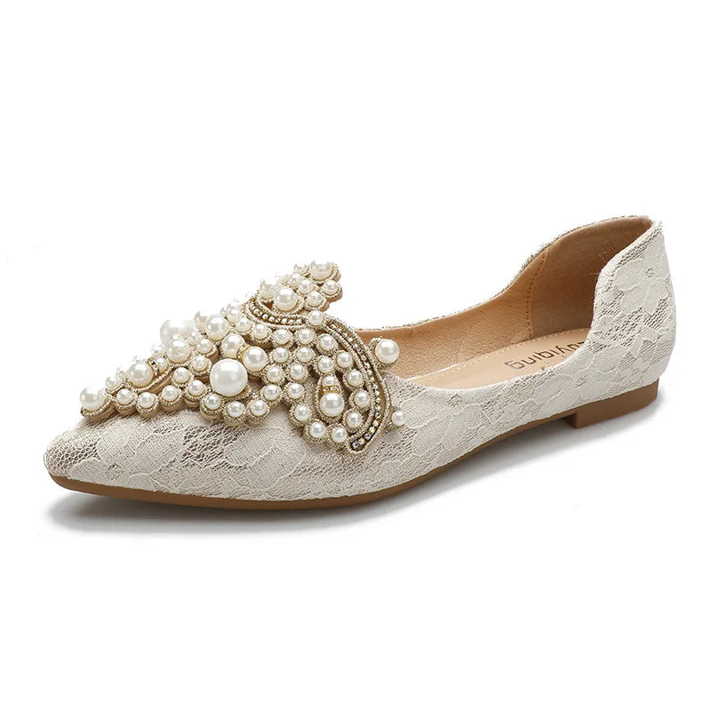 Designer Beads Wedding Shoes Women 2026 Lace Embroider Flats Woman Ballerina Pointed Toe Pearl Loafers Sneakers Plus Size 35-43