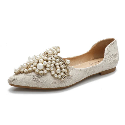Designer Beads Wedding Shoes Women 2026 Lace Embroider Flats Woman Ballerina Pointed Toe Pearl Loafers Sneakers Plus Size 35-43