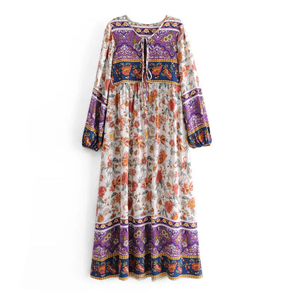 AYUALIN long sleeve beach boho tunic Dress Rayon cotton floral pirnt loose long dresses women vintage autumn robe vestidos 2021