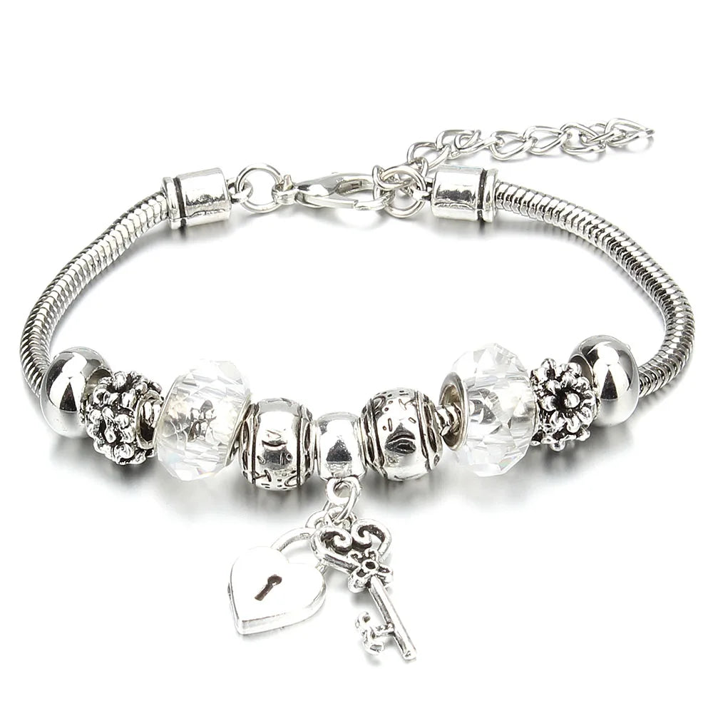 Charm Bracelet & Bangles Jewelry 6 Color Clay Zircon Ball Crown key lock Shape Beads Bracelets For Women Girl Friendship Gift