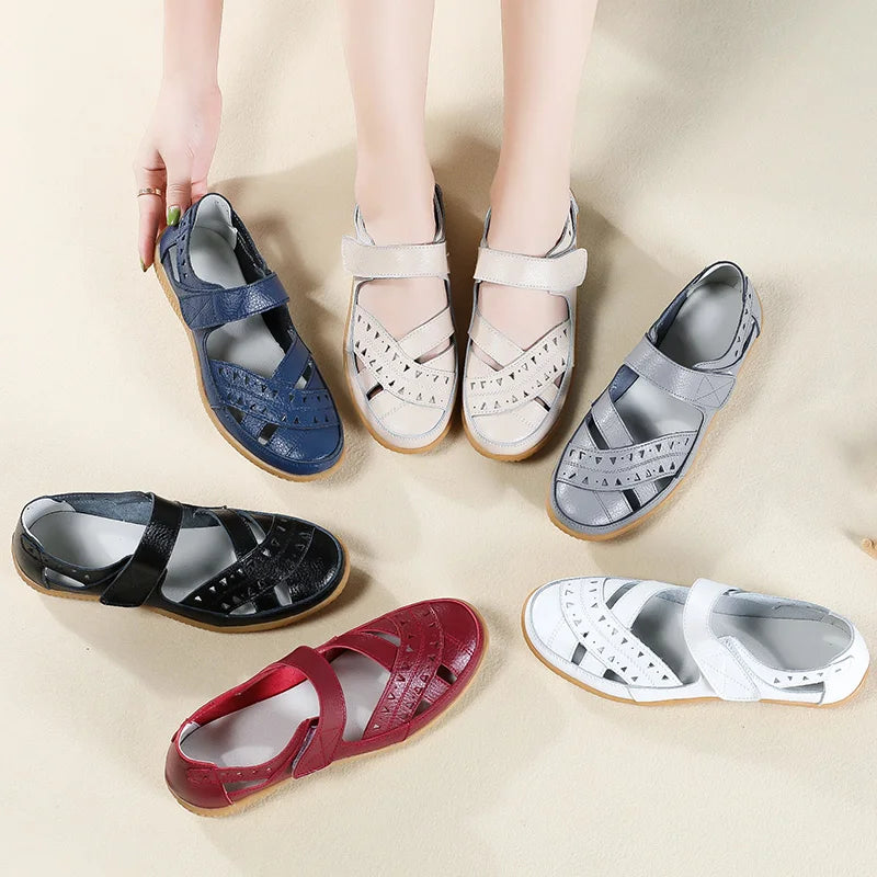 2021 New Women Sandals Leather Ladies Sandals Comfortable Flats Walking Sandals Covered Toe Beach Shoes Woman Footwear