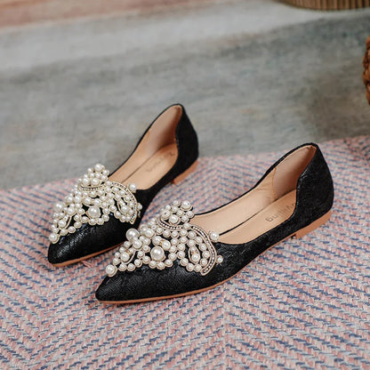 Designer Beads Wedding Shoes Women 2026 Lace Embroider Flats Woman Ballerina Pointed Toe Pearl Loafers Sneakers Plus Size 35-43