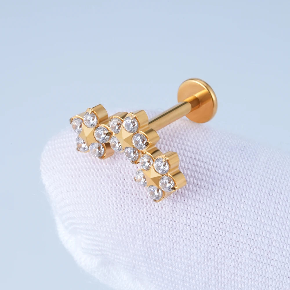 Right Grand ASTM F136 Titanium Triple CZ Flower Cluster Labret Internally Threaded Trinity Floral for Tragus Monroe Cartilage