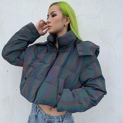 Drop Shipping New 2026 Winter Rainbow Reflective Jackets Women Warm Coat Girl Crop Jacket Hooded Short Top Reflect Outerwear