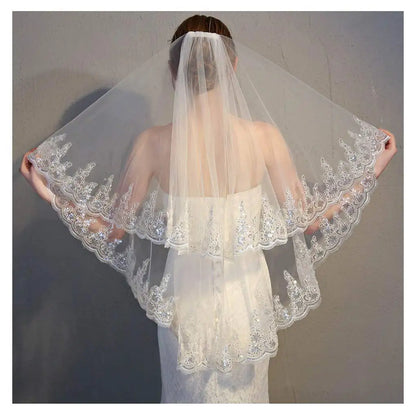 Wedding Sequins Edge for Brides 2 Tier Hip Fingertip Length Sparkle Soft Tulle Bridal Lace Veils Hair Accessories