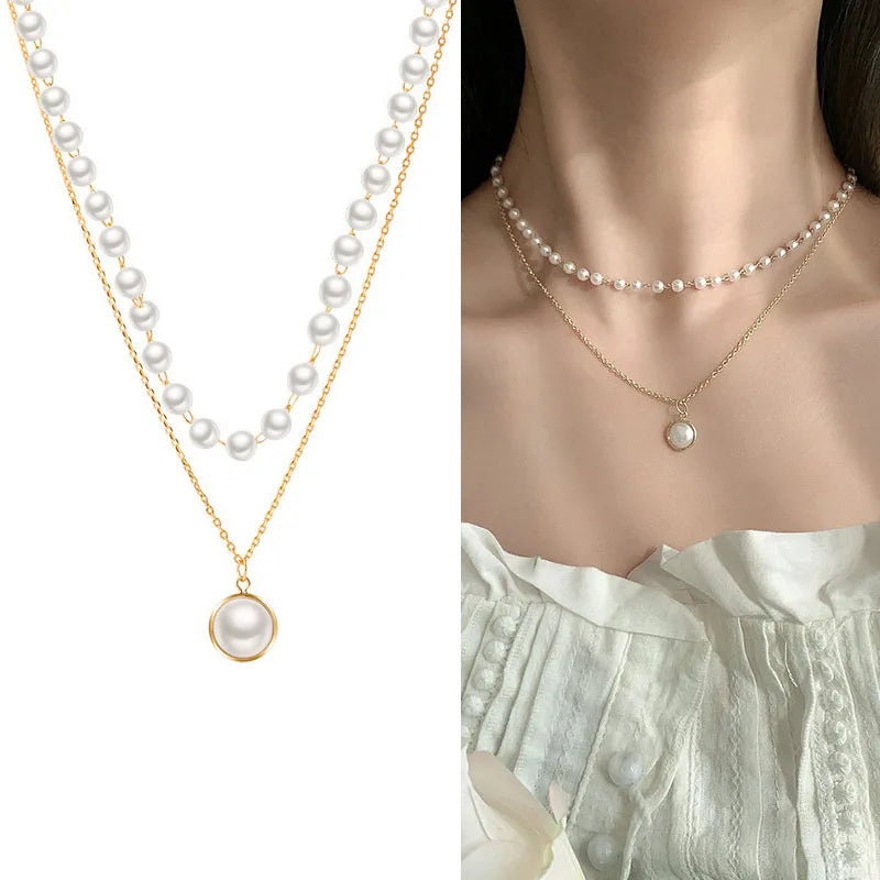 New Korean Pearl Necklaces for Women Gold Color Link Chain Choker Fashion Neck Accessories Elegant Collar Bijoux Femme