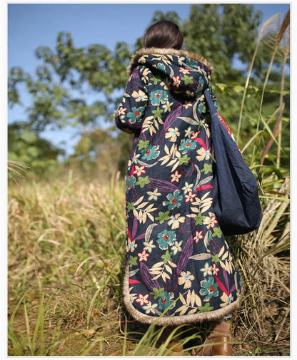 Women's Ethnic Style Winter Coat with Fur Collar - Long Vintage Cotton Jacket, Cotton Linen Windbreaker, Dust Coat (f1859)