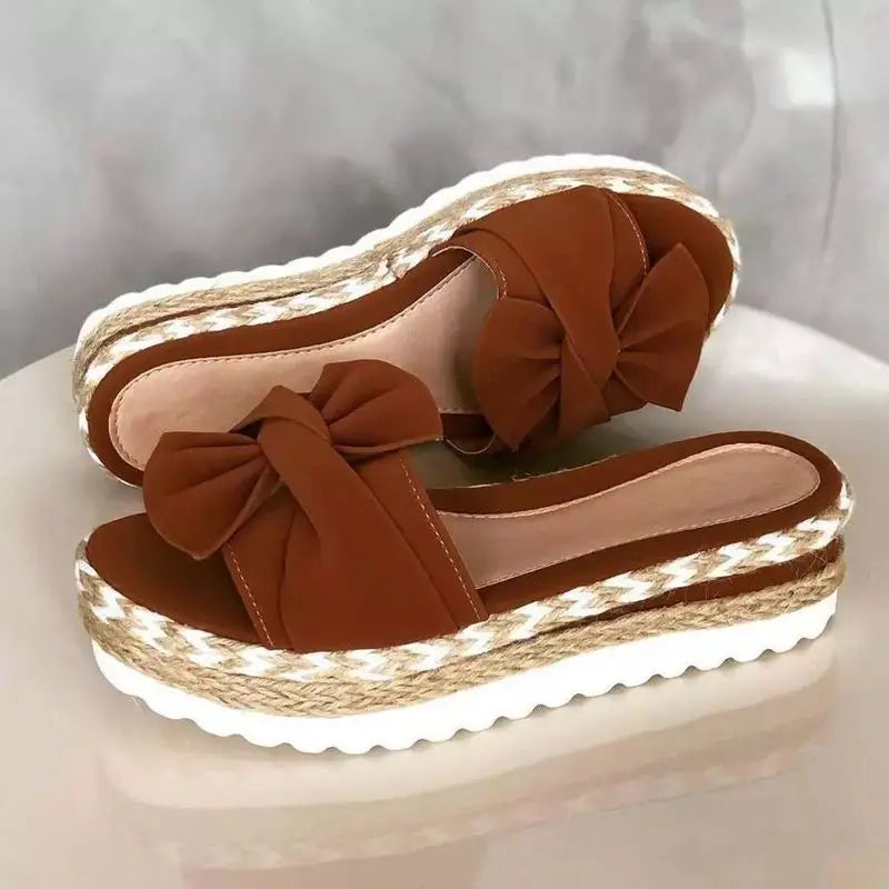 Women Slippers Summer 2023 Platform Wedges Mid Heels Bow Tie Peep Toe Fashion Slides Beach Outdoor Ladies Shoes Zapatos De Mujer