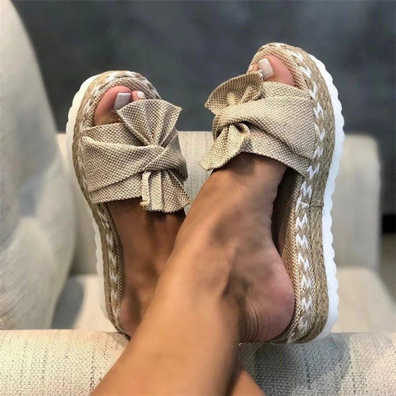 Women Slippers Summer 2023 Platform Wedges Mid Heels Bow Tie Peep Toe Fashion Slides Beach Outdoor Ladies Shoes Zapatos De Mujer