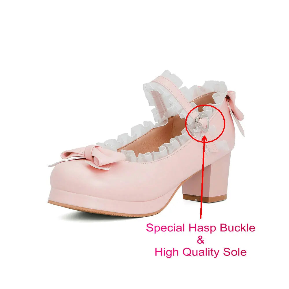 Bow & Ruffle Mary Jane Block-Heel Shoes
