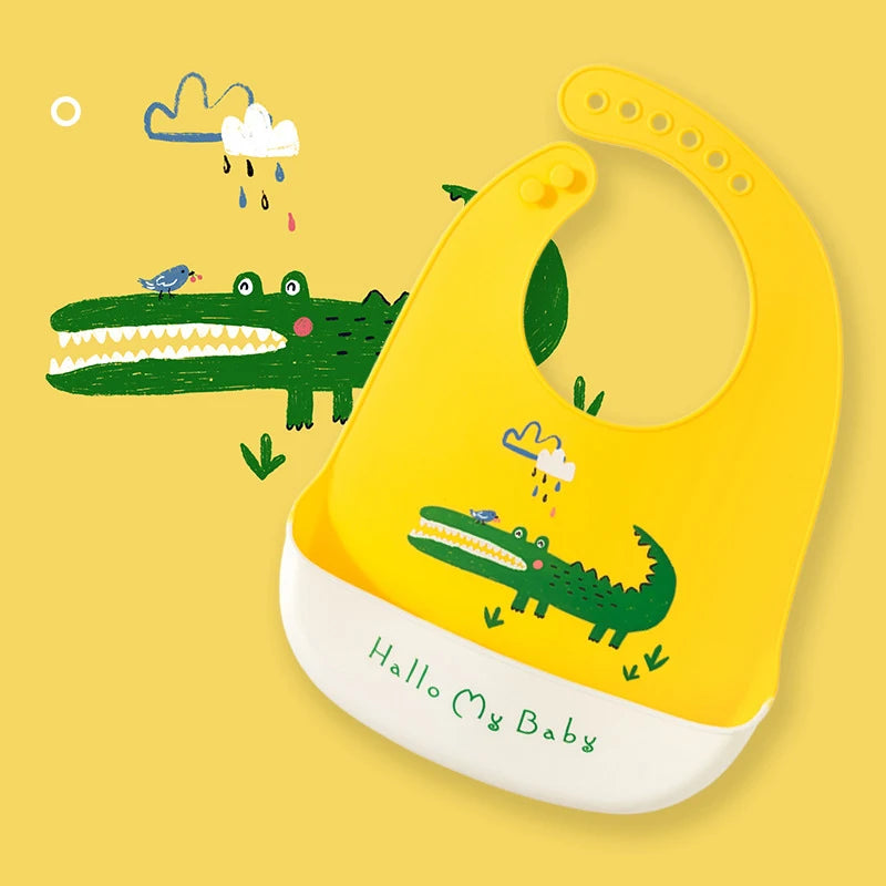 2021 Cute Baby Bibs Waterproof Silicone Bib Feeding Infant Newborn Cartoon Apron ToddlerX Adjustable Bib Burp Cloths with Pocket